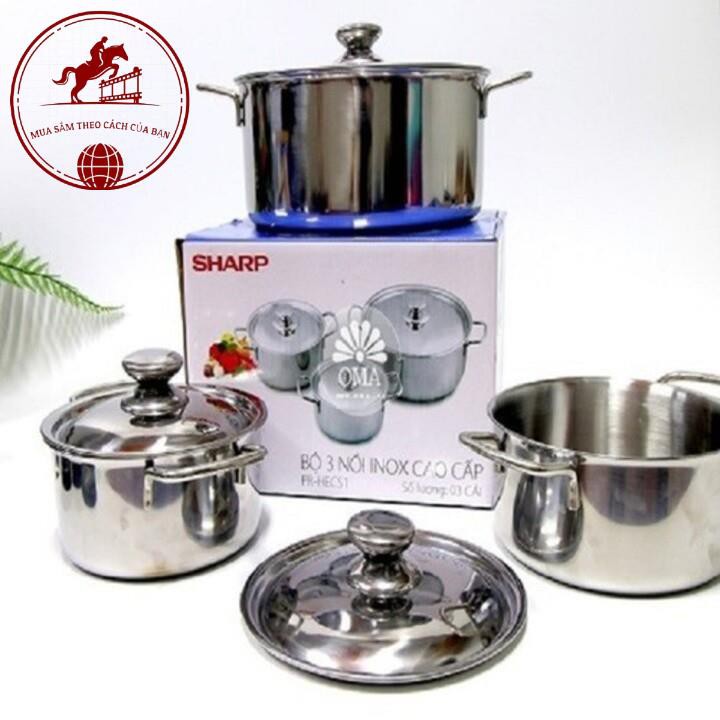 Combo Bộ 3 Nồi Inox Sharp Cao Cấp Đáy Từ H&E Dùng Được Cho Bếp Từ, Inox Sang Trọng, Vệ Sinh Đơn Giản