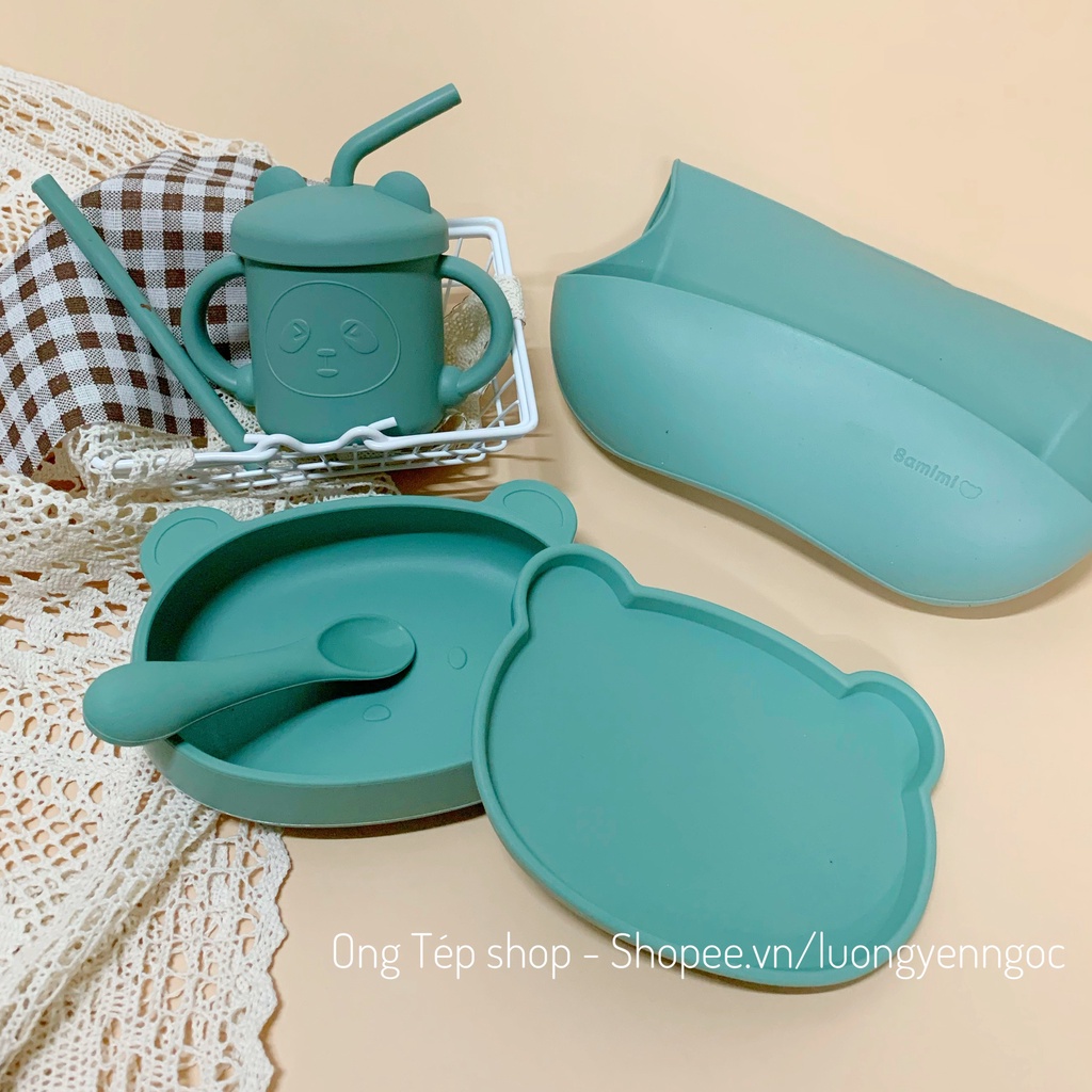 Set ăn dặm silicon cho bé: bát ăn dặm silicon, muỗng silicon, khay silicon chống lật, yếm silicon, cốc tập hút silicon