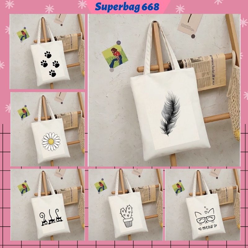 Túi tote túi vải canvas Hàn Quốc hoạ tiết dễ thương đựng vừa A4 laptop đi chơi đi học HQ 215