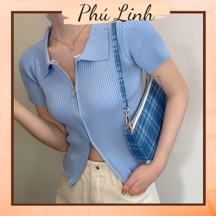 MS183 Áo polo len nữ cổ bẻ khoá zip 2 chiều