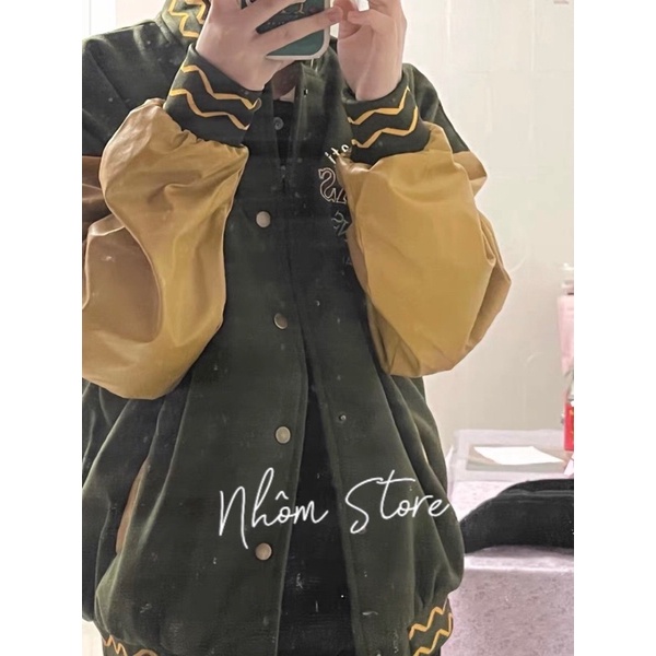 Áo khoác bóng chày tay da PU thêu chữ phong cách retro cho nam nữ