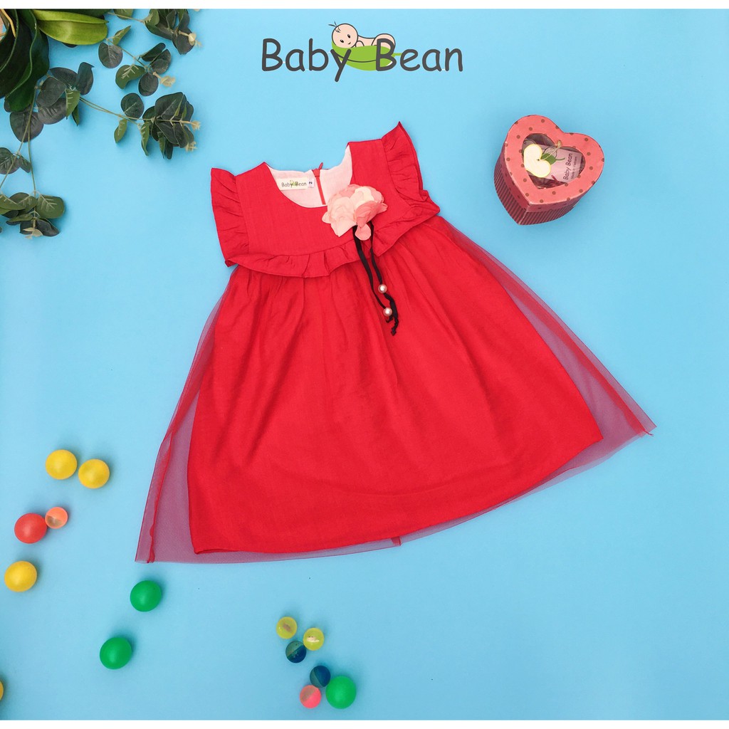 [MÃ THƯƠNG HIỆU YÊU THÍCH Voucher giảm 10%] Đầm Đũi Phối Cotton Phủ Lưới Đính Hoa Bé Gái BabyBean