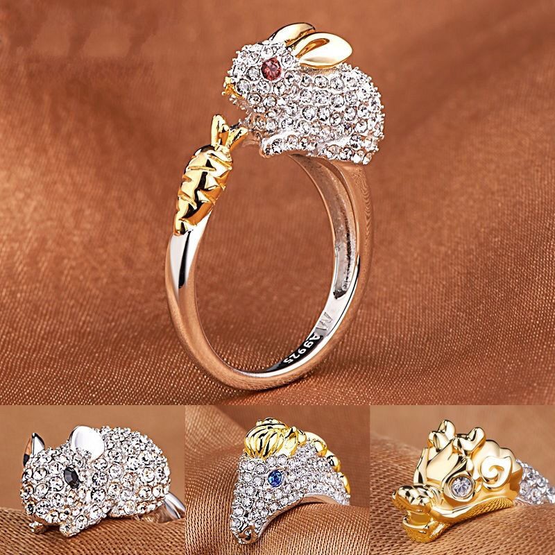 Cung hoàng đạo S925 Nhẫn bạc Sterling cho nữ Ngón tay bạch kim Động vật thỏ Nhật Bản và Hàn Quốc Tính cách nam gi