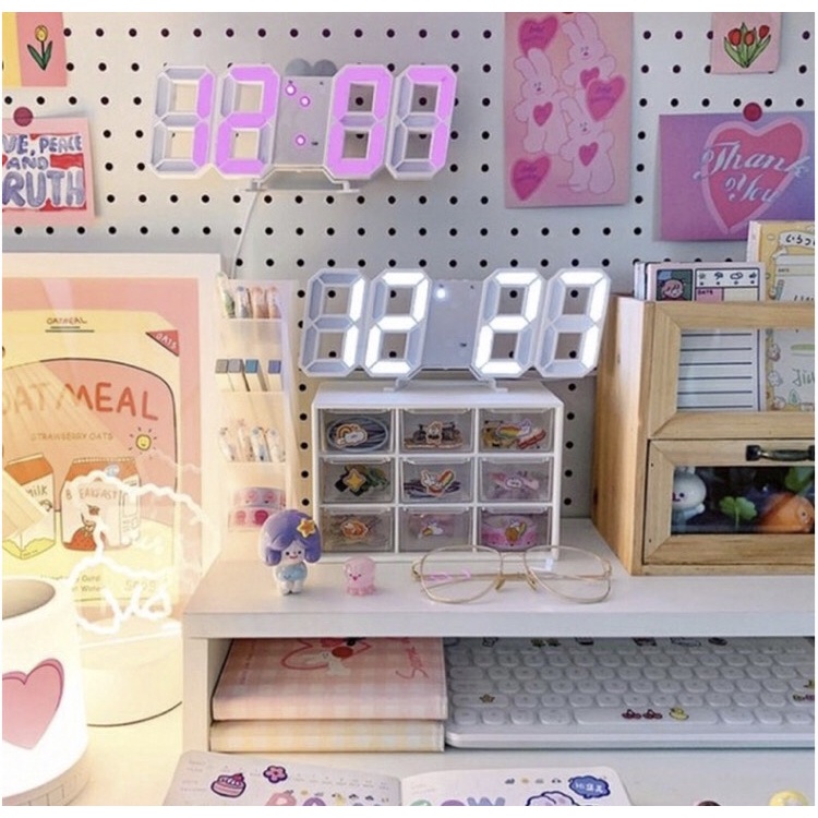 Đồng hồ Minial LED 3D báo thức điện tử treo tường để bàn trang trí số tự động thay đổi độ sáng tự động lưu giờ- Sindecor