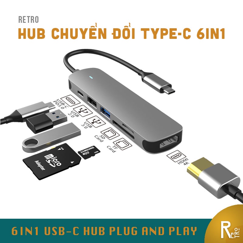 Hub Chuyển Đổi Type C 6 in 1 RETRO C605A Dùng Cho Macbook, iPad, Samsung, Xiaomi, Xuất Hình Ảnh 4K/30Hz, TF/SD Card