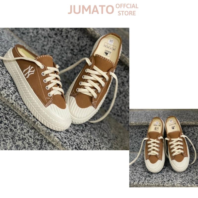 Giày sục thể thao nữ thêu chữ N.Y đạp gót đế bánh mì 3cm màu nâu tây hot trend 2022 JUMATO