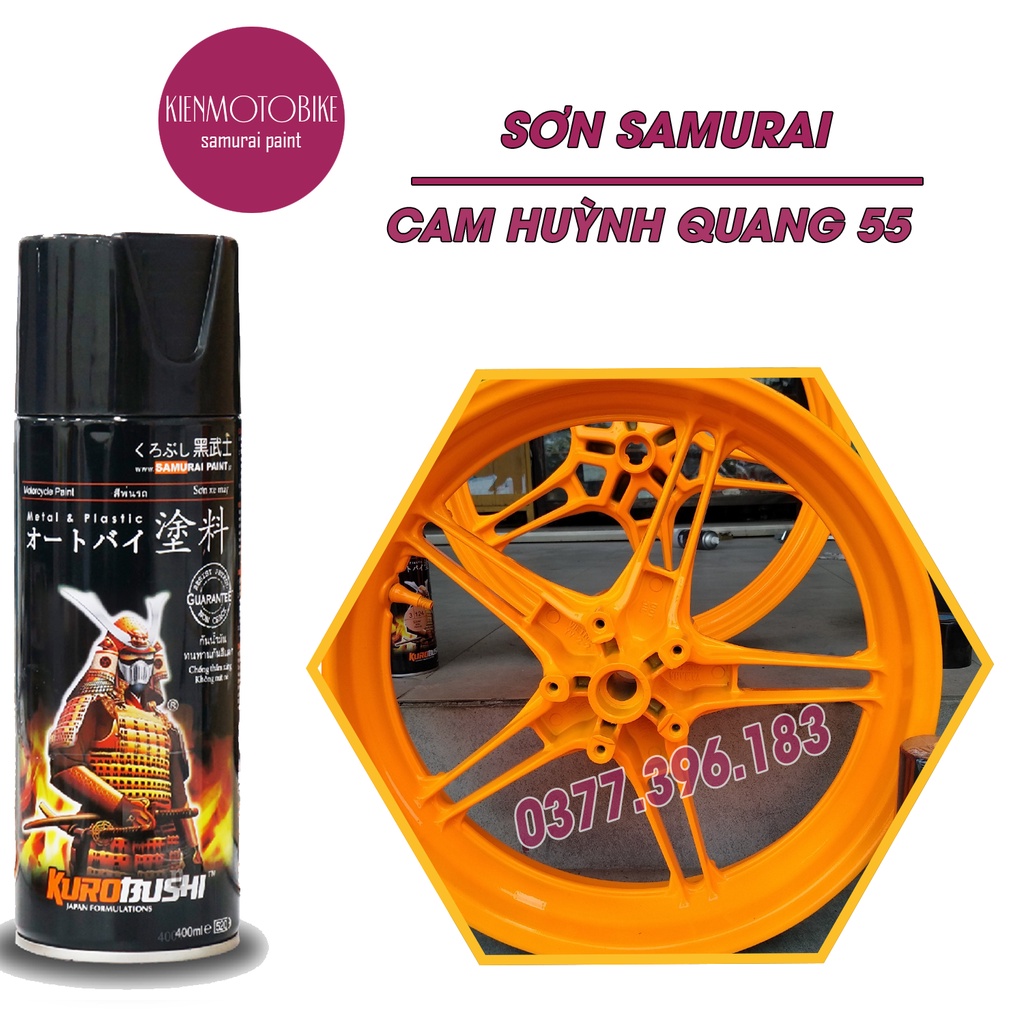 Sơn Samurai màu cam huỳnh quang 55 - chai sơn xịt cao cấp dành cho sơn xe máy, ô tô
