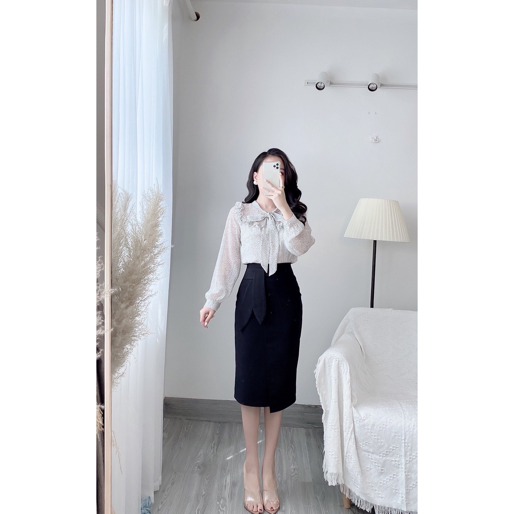 Áo Sơ Mi Công Sở Thiết Kế Bèo Viền Buộc Nơ Cổ Hoạ Tiết Chấm Bi Zym's House - K169