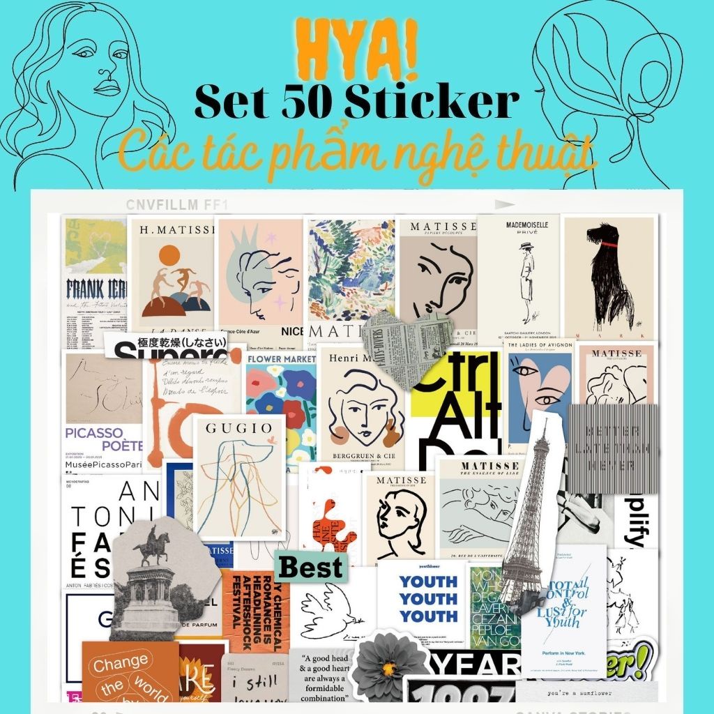 Hình dán sticker cute tranh nghệ thuật HYA Set 50 hình chống nước trang trí mũ bảo hiểm,xe máy,laptop, ván trượt, guitar