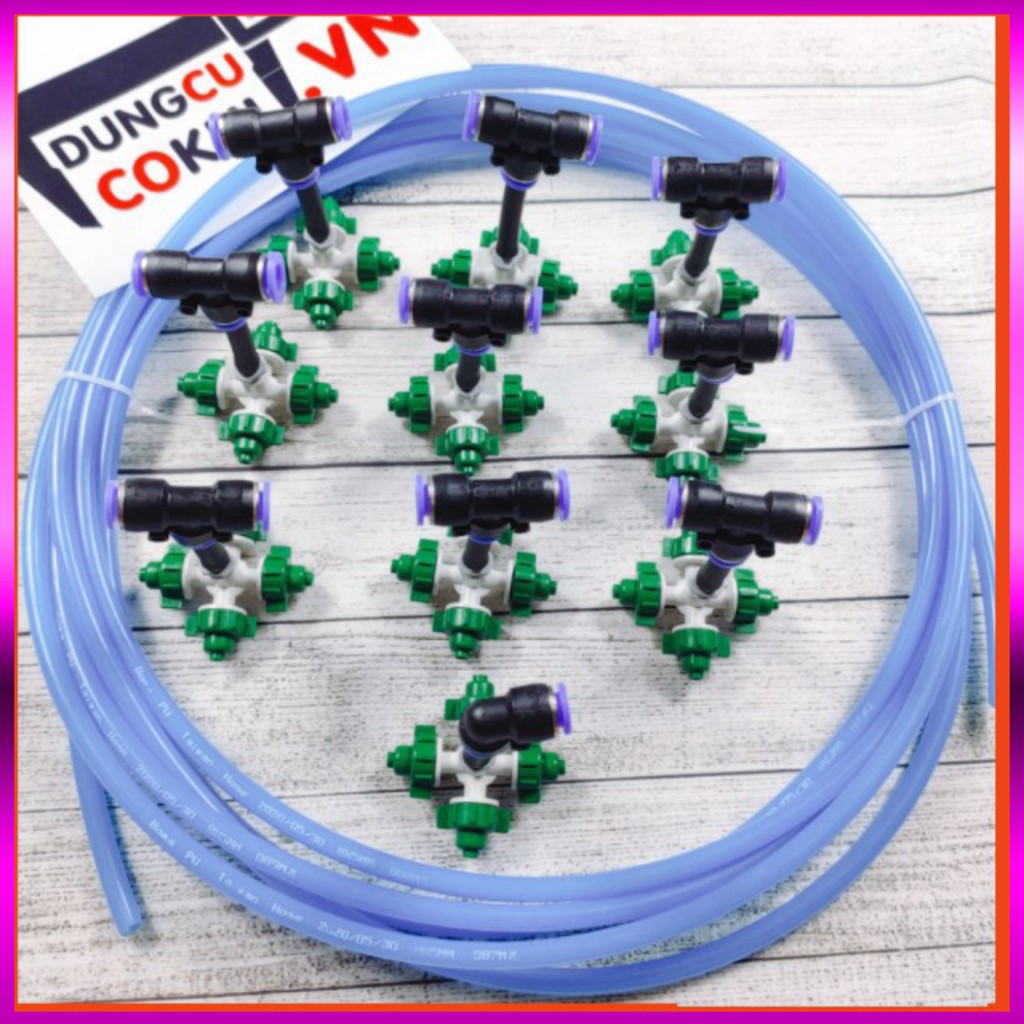20m dây + 10 Béc phun sương 4 tia, kèm kết nối nhanh ống 8mm dùng tưới cây, tưới lan
