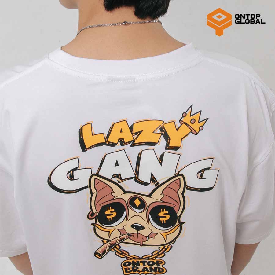 Áo thun nam form rộng tay lỡ màu trắng ONTOP - Lazy Gang