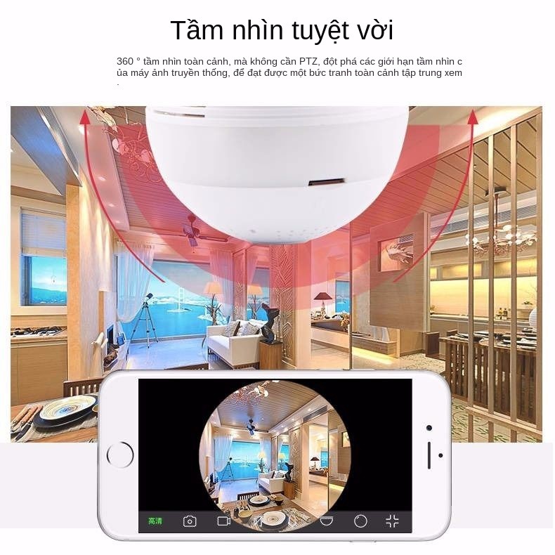 Bóng đèn toàn cảnh camera giám sát không dây wifi màn hình mạng điện thoại di động thông minh độ nét cao bộ tro