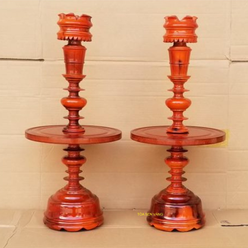 Cặp Chân Đèn Gỗ Cao 50cm - Chân đèn thờ, gỗ tràm bông vàng, màu nâu đỏ
