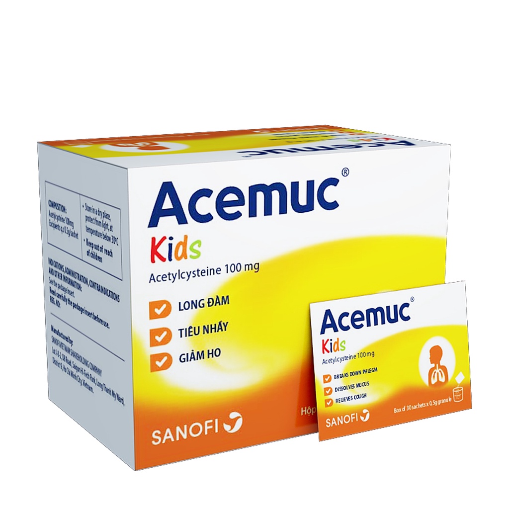 Acemuc kids 100mg giúp hệ hô hấp khỏe mạnh hộp 30 gói