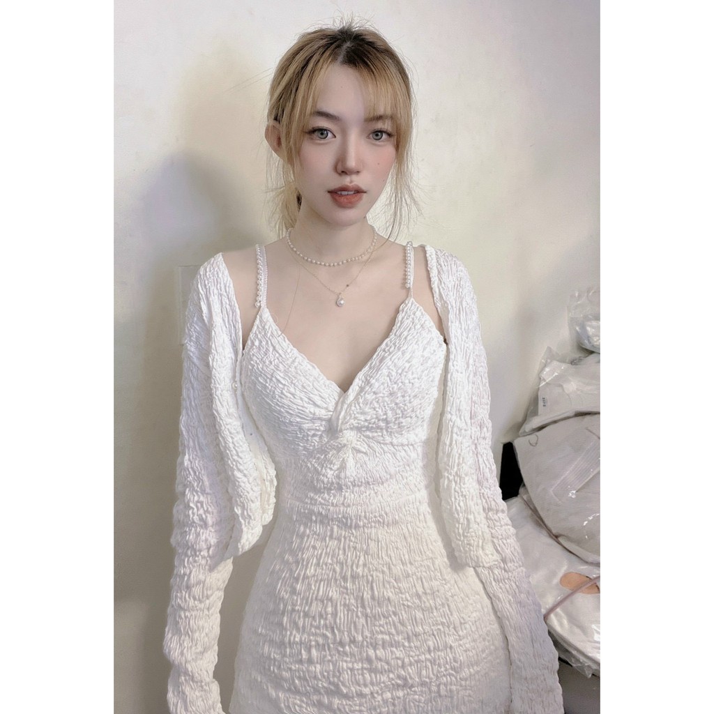 SET ĐẦM 2 DÂY XOĂN NGỰC + KHOÁC CROPTOP