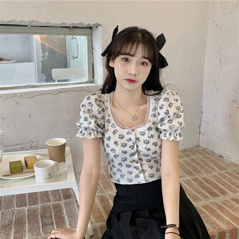Áo Len Tăm Gân Tay Ngắn Phồng Hở Rốn In Họa Tiết Hoa Nhí Xinh Xắn Thời Trang Kiểu Pháp Cho Nữ | BigBuy360 - bigbuy360.vn