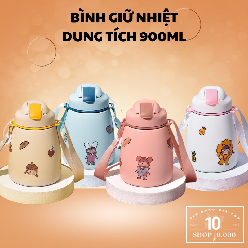 Bình giữ nhiệt, Bình nước giữ nhiệt 900ml có nhiều màu sắc dễ thương tặng kèm ống hút và sticker trang trí