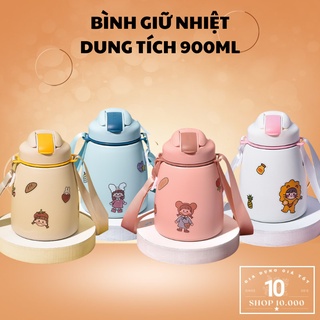 Bình giữ nhiệt, Bình nước giữ nhiệt 900ml có nhiều màu sắc dễ thương tặng kèm ống hút và sticker trang trí