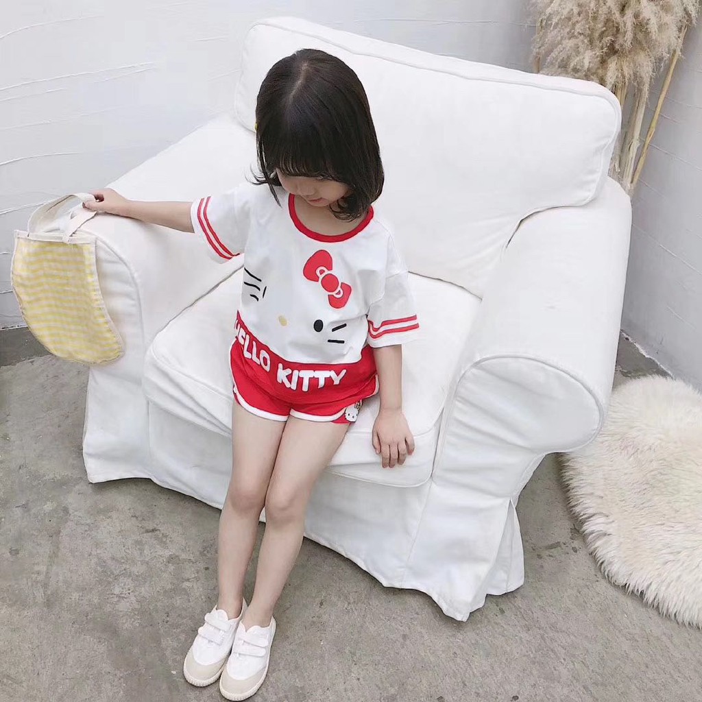 Set Áo Thun Ngắn Tay In Hình Mèo+Quần Short Cho Bé Gái