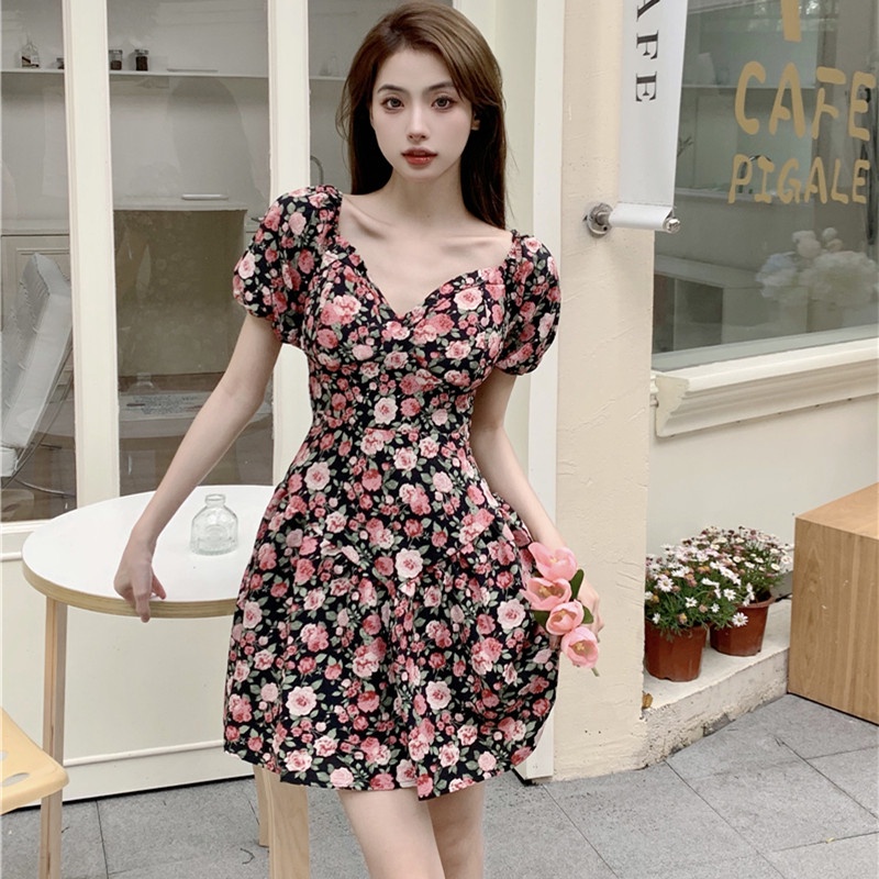 Đầm Hoa Cổ Vuông Ngắn Tay Thời Trang Mùa Hè Dành Cho Nữ