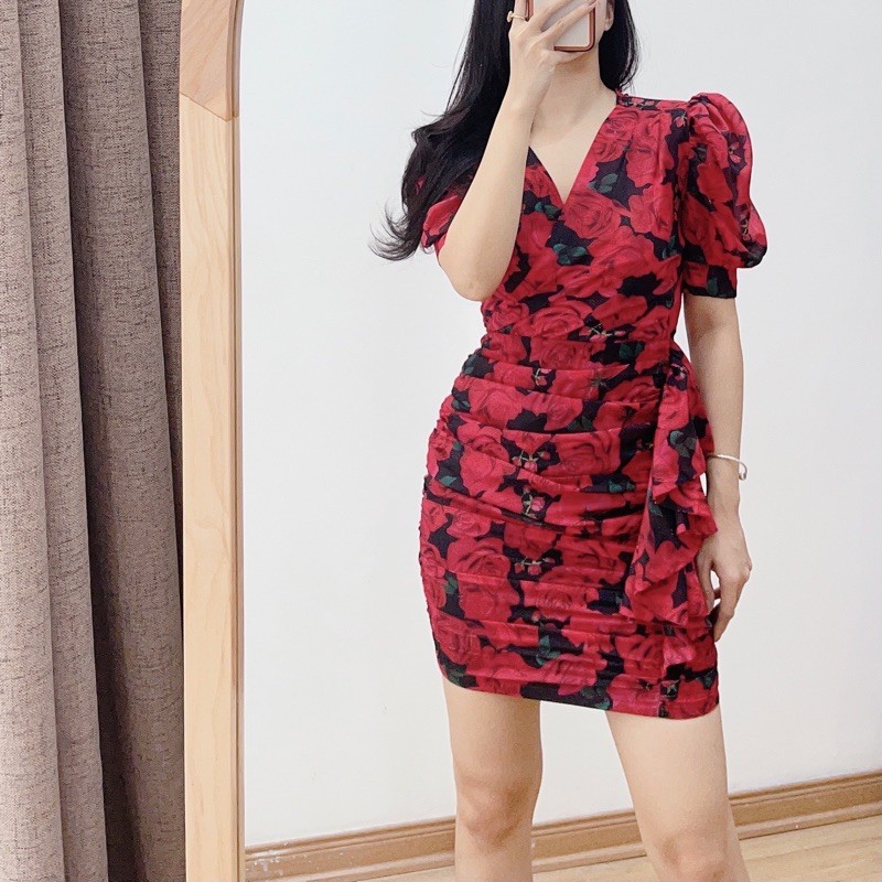 ( Ảnh thật ) V0423 Váy hoa chân nhún bèo lệch