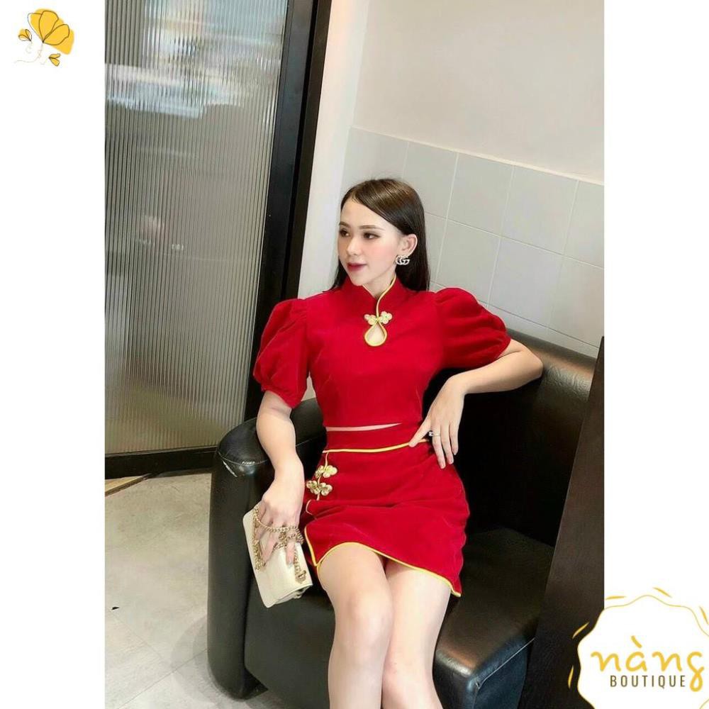 Set Váy Đỏ 💖FREESHIP💖 SET CROP NHUNG ĐỎ CỔ TÀU + CHÂN VÁY VIỀN [Mẫu Mới 2021]