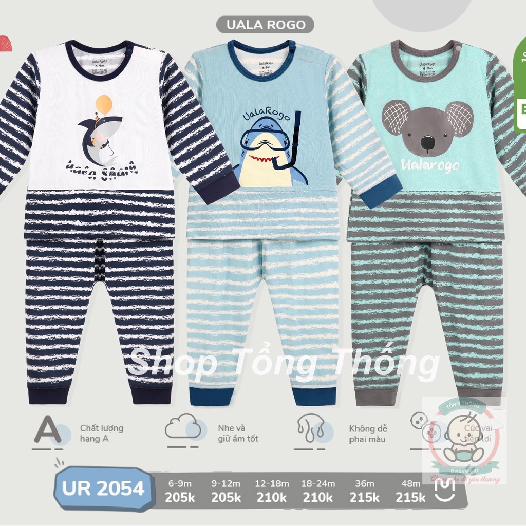 Bộ Uala Rogo dài tay Bamboo cao cấp bộ dài cài vai thoáng mát thấm hút tốt in con vật cho bé trai bé gái 2054