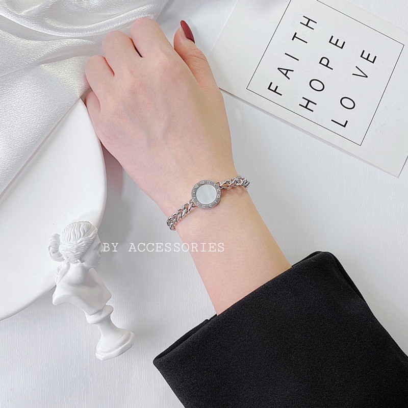 Lắc tay titan xích vát cạnh phối mặt tròn khắc số la mã cẩm xà cừ không gỉ