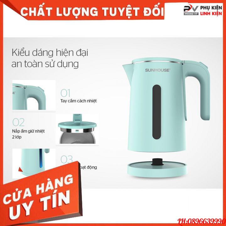 Ấm đun siêu tốc inox SUNHOUSE 2 lớp cao cấp, bền đẹp 1.8L