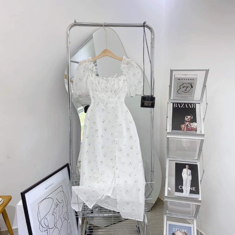 Đầm midi hoa trắng ngực xếp li DD188