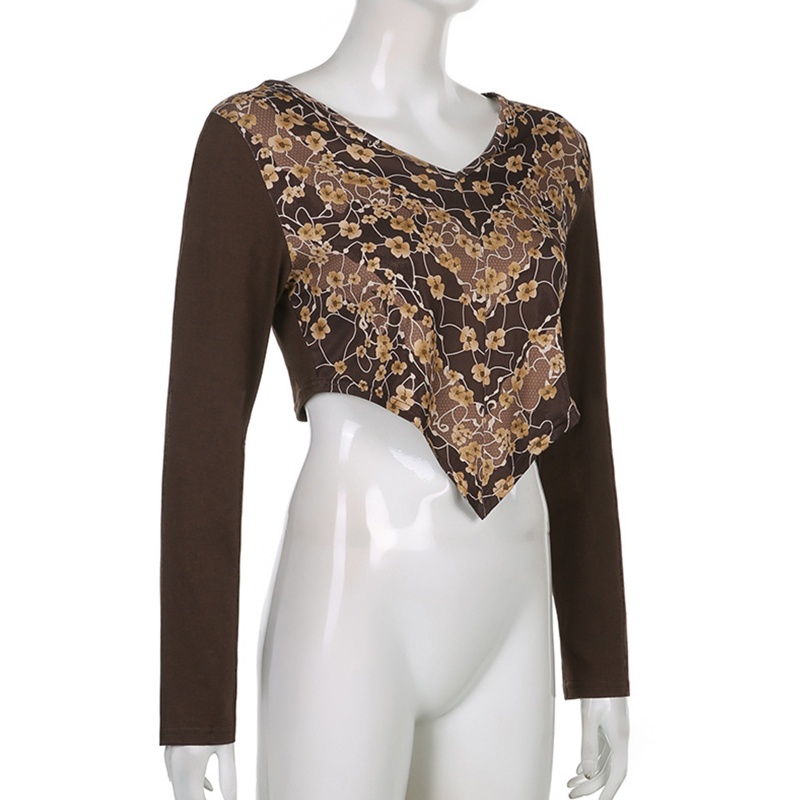 Áo Crop Top Nữ Tay Dài In Hoa Cổ Chữ V Gợi Cảm