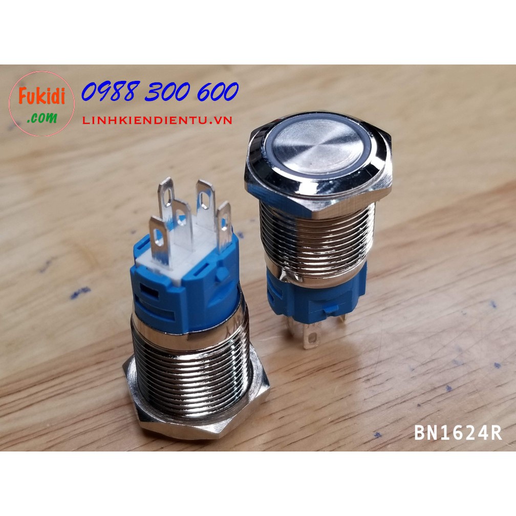 Nút nhấn nhả vỏ kim loại phi 16mm, điện áp 24V, chống thấm nước, đèn hình tròn BN1624R, BN1624G, BN1624B, BN1624Y