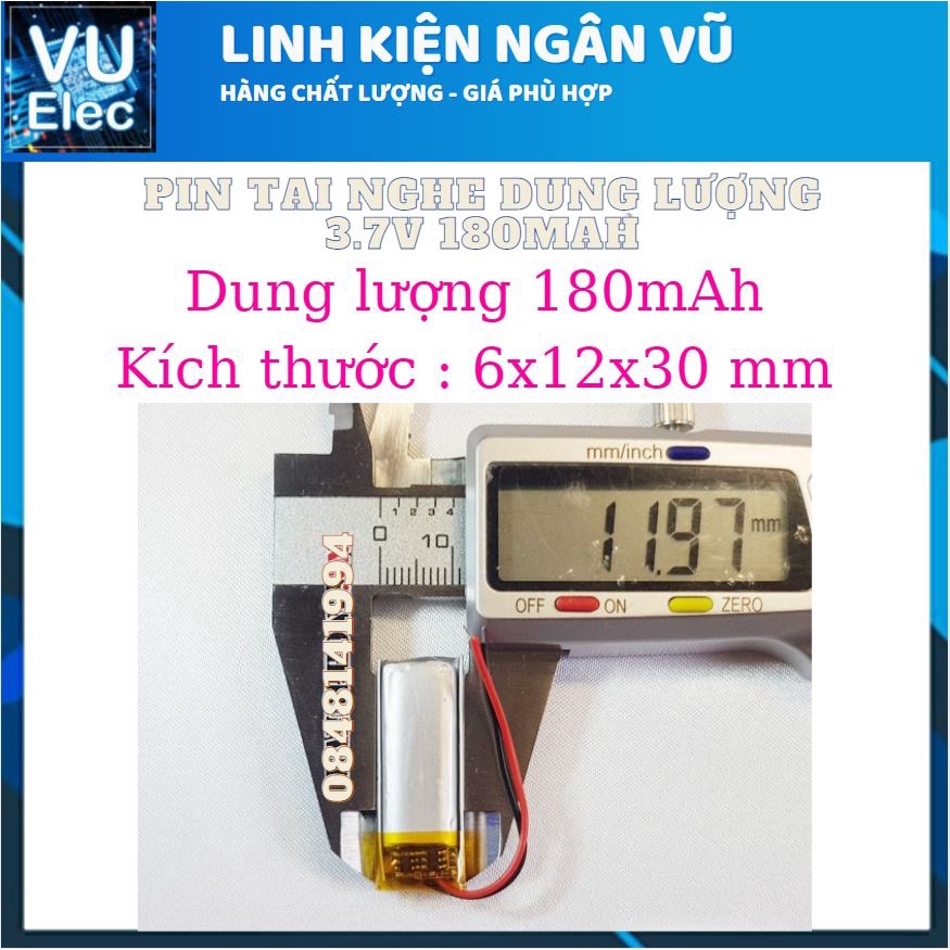 Pin Li-Po 3.7V 180mAh 601230 591231 (Lithium Polymer) cho tai nghe Bluetooth, loa Bluetooth, định vị GPS, máy nghe nhạc