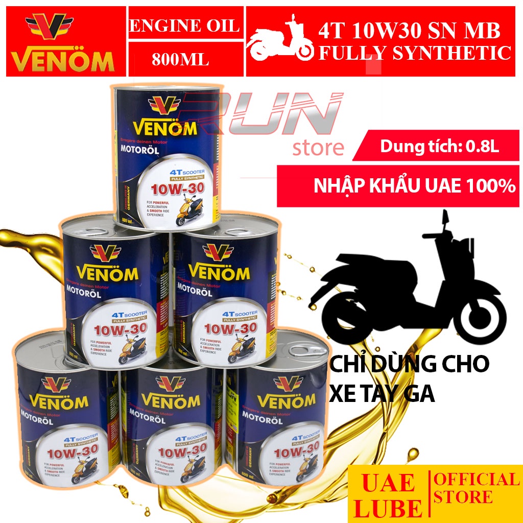 Combo 6 Lon Nhớt Tổng Hợp Xe Tay Ga VENOM 4T SCOOTER 10W-30 Fully Synthetic API SN Jaso MB 800ML - Made in UAE