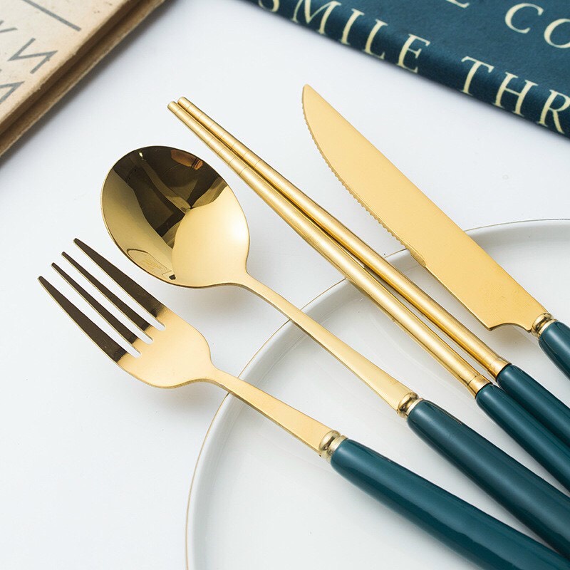Set 3 Món Thìa, Đũa, Dĩa mạ Vàng Cán Vân Đá Cao Cấp Có Hộp - Bộ 3 Muỗng, Đũa, Nĩa Inox Cán Gỗ Có Hộp Đựng Cao Cấp