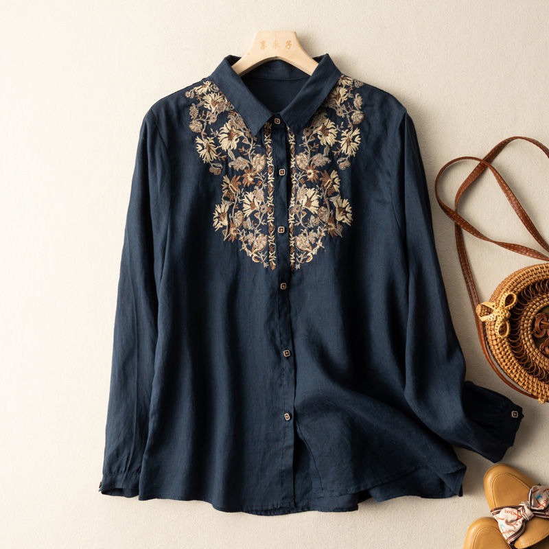Ice retro embroidered flower linen blouse cotton linen long-sleeved shirt high-end brand cut label