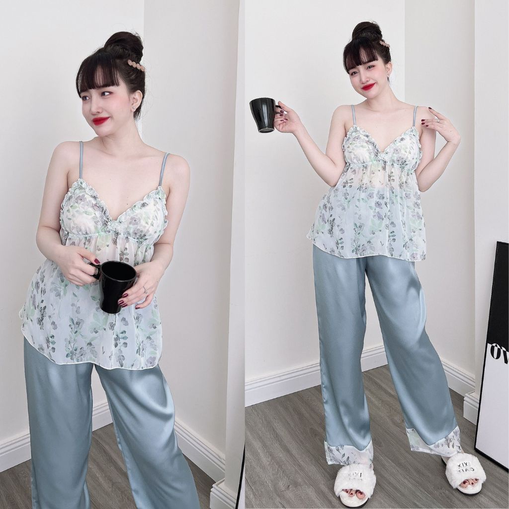 Đồ ngủ nữ mút ngực MIKY, Đồ ngủ sexy lụa Chiffon phối Satin cao cấp mềm mại xinh xắn &lt; 63KG