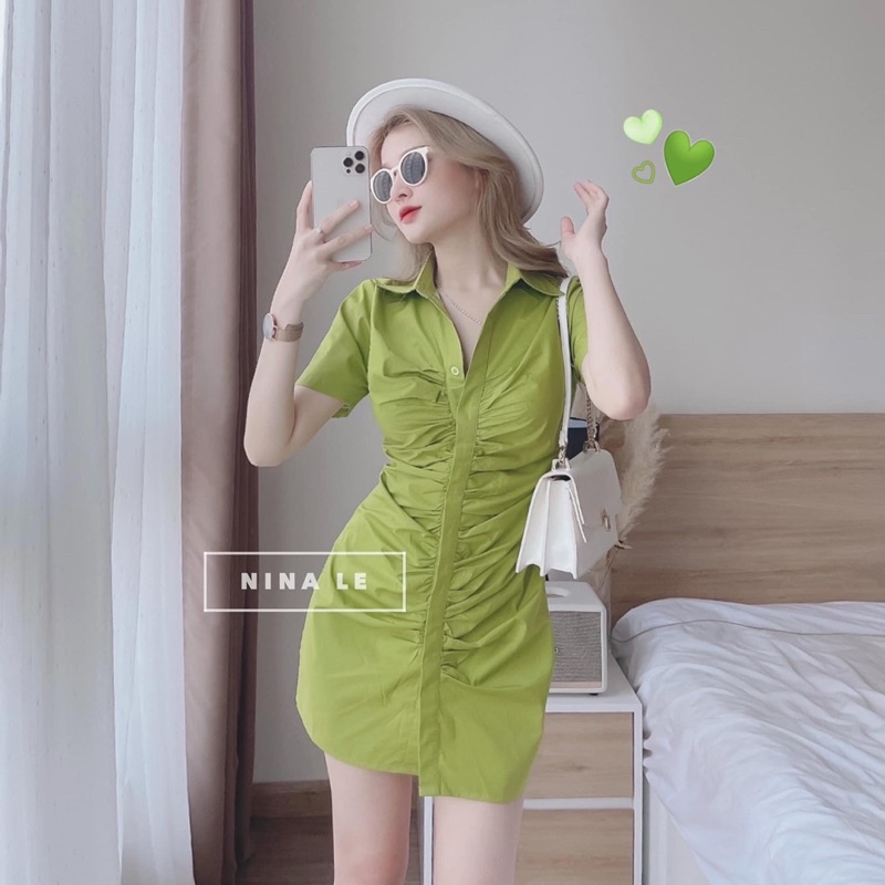 Váy sơmi nhún ❤️Đầm thân nhúng ngắn tay