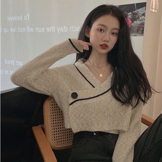 Áo len dệt kim IHKKE dáng ngắn phong cách phương Tây thời trang cho nữ