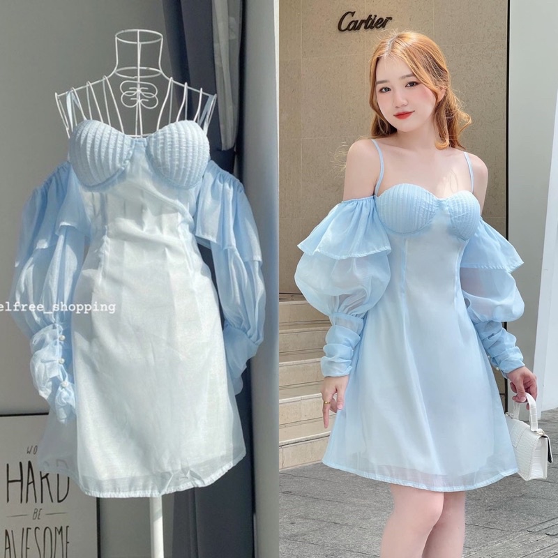 Đầm Xanh Cúp Ngực Rớt Vai Tay Dài Hai Lớp Hai Dây Mặc Đi Tiệc, Đi Chơi (Hình Thật) D060
