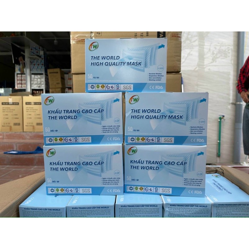 Hộp 50 Khẩu Trang Y Tế Cao Cấp TheWorld 4 Lớp Có Lớp Giấy Kháng Khuẩn
