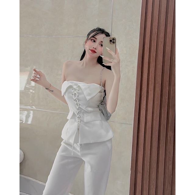 _  Set áo ống đan dây mắc cáo + quần dài