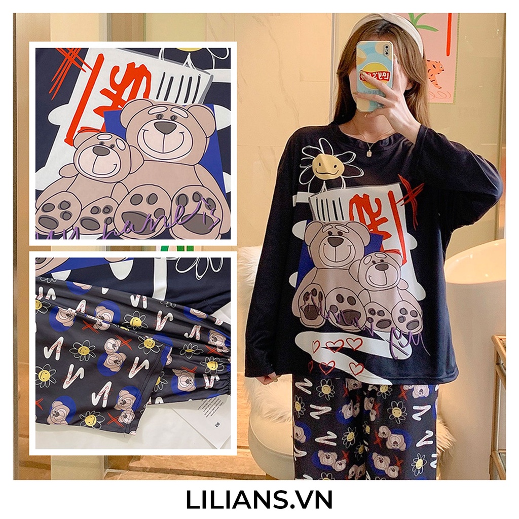 Bộ đồ mặc nhà dài tay Bộ ngủ mặc nhà pijama Freesize form rộng dưới 65kg dành cho nữ