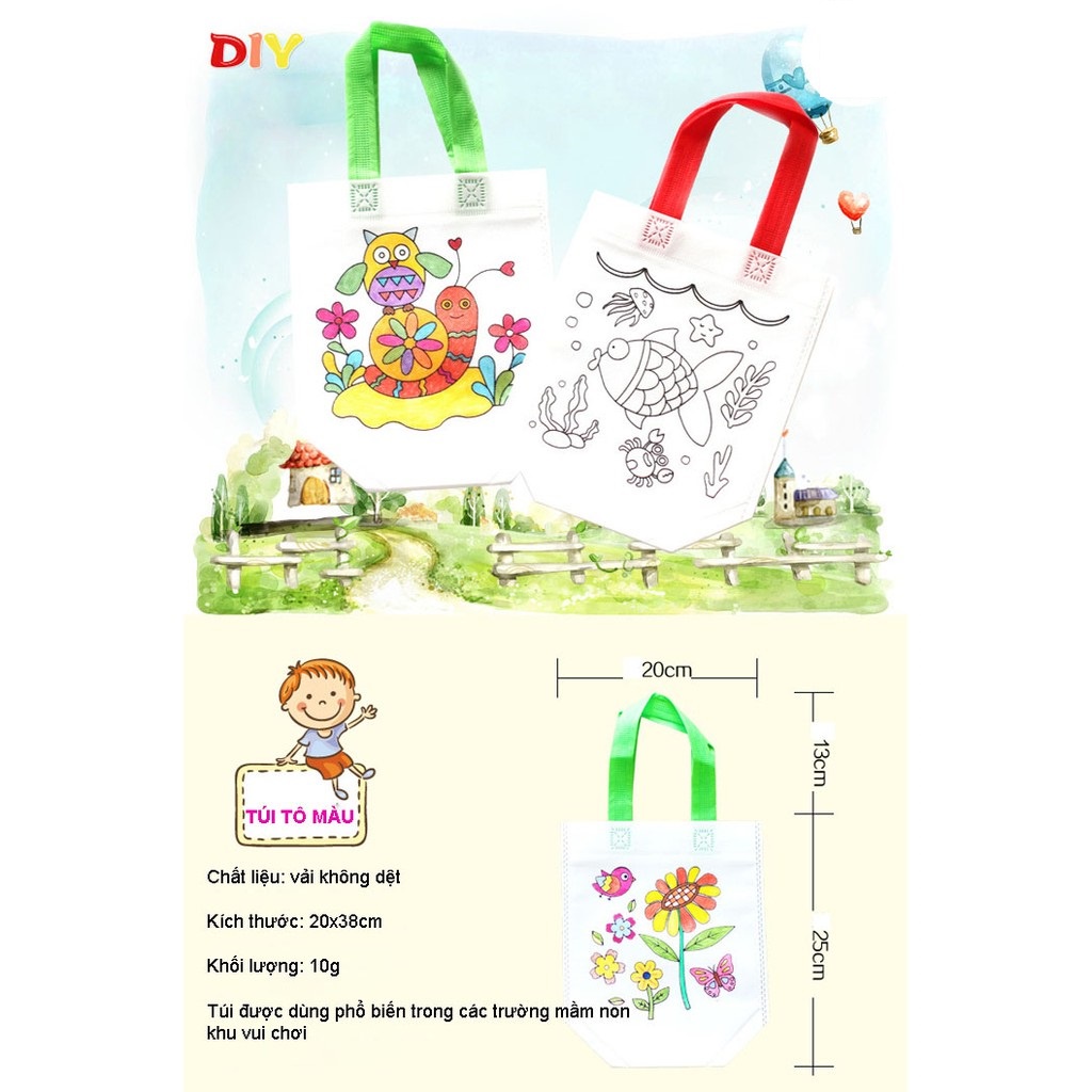 Túi Vải Vẽ, Tô Màu Cho Bé (Tặng Kèm 6 Màu Dạ) Nhiều Hình Dễ Thương