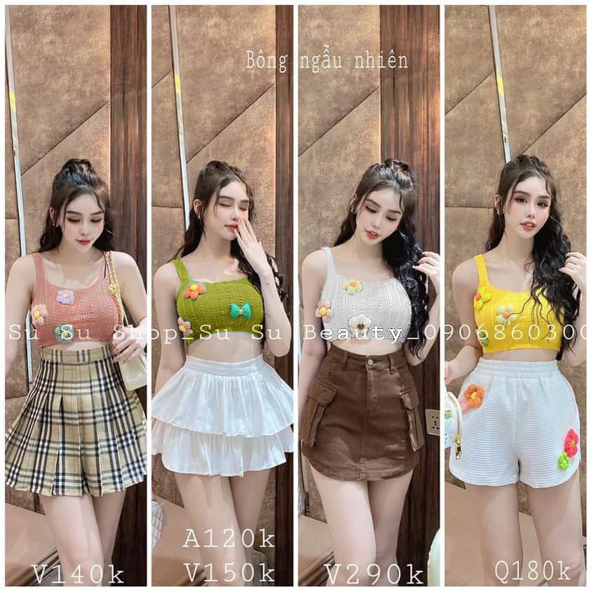 Áo 2 dây xốp đính 3 bông hoa nhỏ bên cực xinh , chất thun xốp dày dặn thy