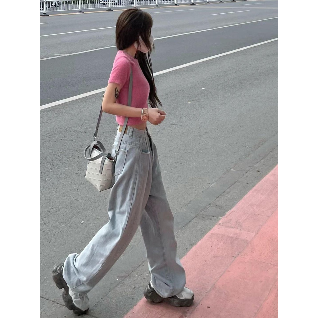Quần Jeans Dài Lưng Cao Ống Rộng Phong Cách Retro Cho Nữ