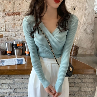 [Hai Trang] Áo Len Dệt Kim Dáng Ôm Cổ Chữ V Dây Đan Chéo Dễ Phối Đồ