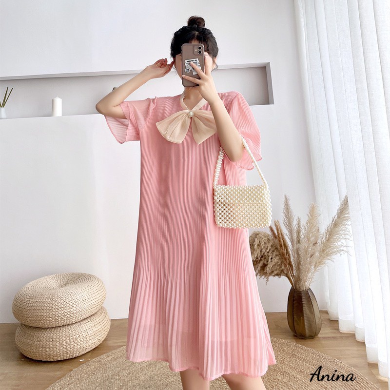 Váy bầu -  Đầm bầu thiết kế nơ cổ chất voan dập ly siêu xinh V355
