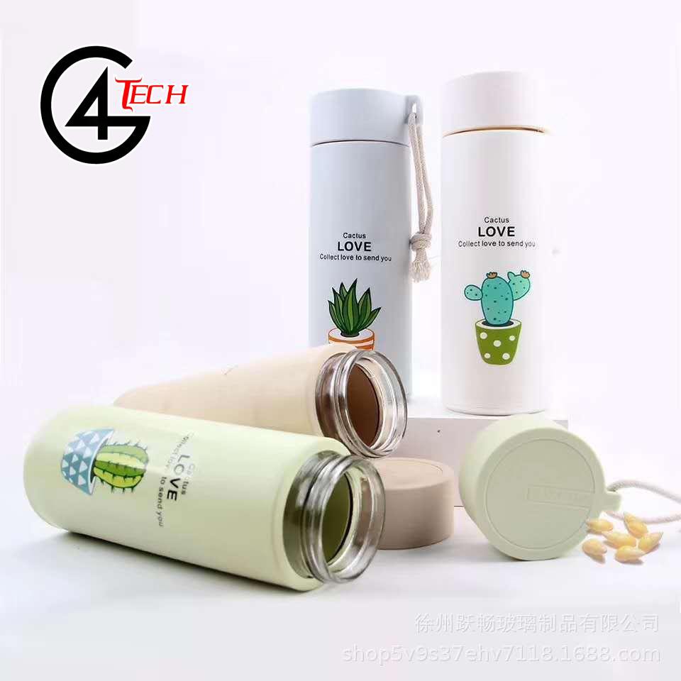 Bình giữ nhiệt in hình xương rồng 450ml lõi thủy tinh bọc và nhựa lúa mạch có dây sách tiện dụng