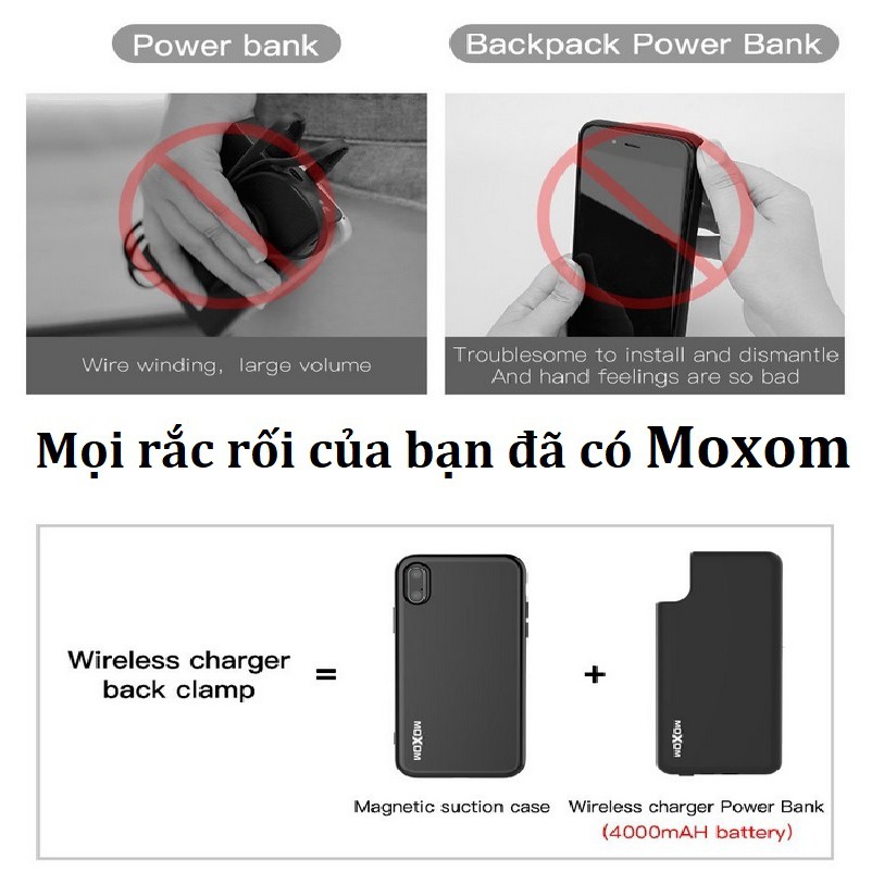 SẠC KHÔNG DÂY NAM CHÂM MOXOM MB-010-4000 mAh VÀ ỐP NAM CHÂM MOXOM CAO CẤP